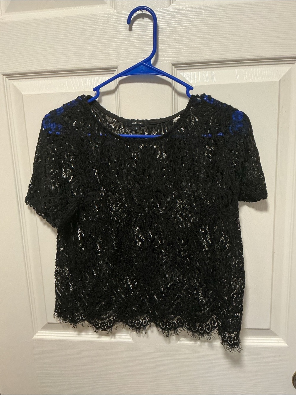 Ambiance Black Short Sleeve Sheer Floral Lace Crop Top - Large